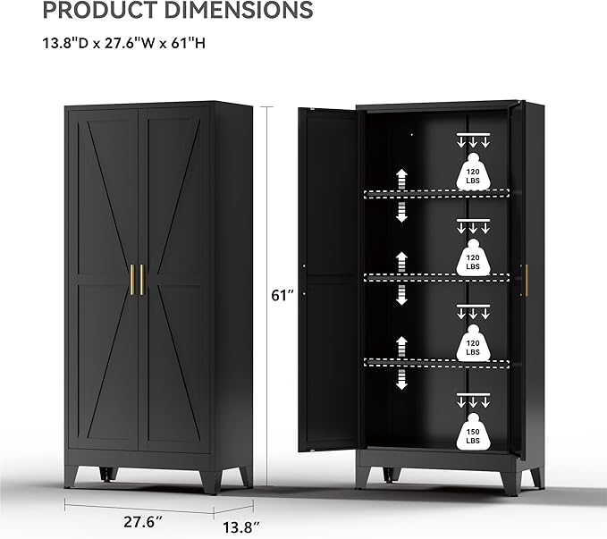 YNIQUESTLE Farmhouse Pantry Cabinet with Barn Doors,61" H x 27.5" W,Metal Cabinet with Adjustable Shelves,4-Tier Storage Cabinet for Kitchen Dining Room Garage Office,Black