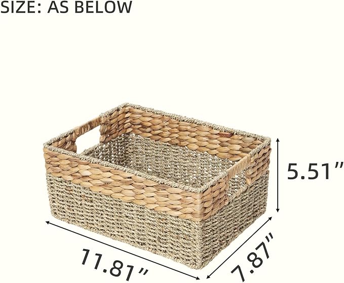 YAHUAN Natural Water Hyacinth & Seagrass Woven Storage Baskets – Wicker Storage Basket Organizer Bins with Handles for Home & Office Pantry Shelf (Small)