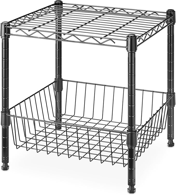 Whitmor 2 Tier Metal Storage Shelves, Heavy Duty Shelf with Basket, 350 lbs Capacity per Shelf, 700 lbs Total, Home Organizer for Kitchen, Garage, Bathroom, 15" L x 14" W x 15" H, Black