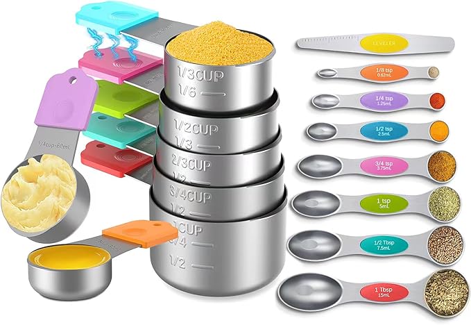 Minteem Magnetic Measuring Cups and Spoons Set, 7 Nesting Stainless Steel Measuring Cup Set with Easy to Read Markings, 7 Magnetic Measuring Spoons & 1 Leveler for Measuring Dry or Liquid Ingredients