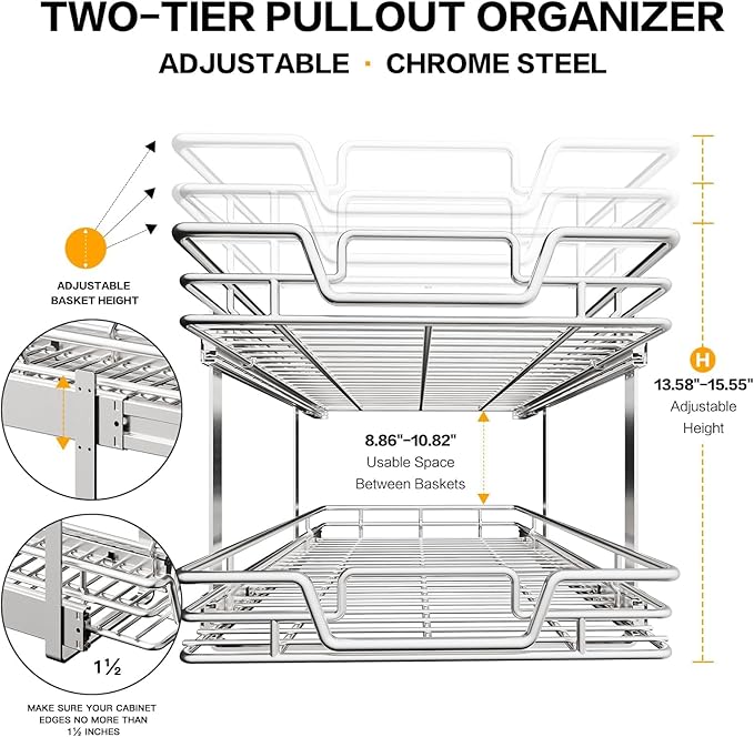 QUYUWU 2-Tier Kitchen Cabinet Pull Out Shelf and Drawer Organizer Slide Out Pantry Storaqe Basket in Multiple Sizes (16" W x 21" D)