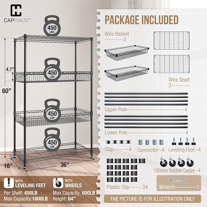 CAPHAUS NSF Commercial Heavy Duty 4 Tier Wire Shelving w/Two Rectangle Baskets, Wheels, Leveling Feet, Storage Metal Shelf, Basement Garage Shelving, Utility Wire Rack Storage Black
