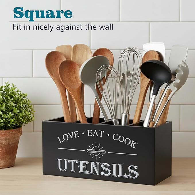 Natural Summertime 2 PC Wooden Utensil Holder,（With 4-Compartments size*1 + 3-Compartments size*1） Extra Large Kitchen Counter,Cooking Spatula Organizer,Farmhouse Decor, Rustic Cooking Utensil