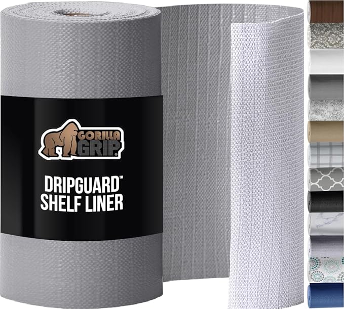 GORILLA GRIP DripGuard Shelf Liner, Non Adhesive Drawer and Kitchen Cabinet Protector, Slip Resistant BPA Free Smooth Surface Plastic Liners for Cabinets, Bathrooms, Closets, 17.5x240 Inch, Gray