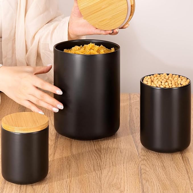 Yangbaga Black Canisters for Kitchen-Kitchen Canisters for Countertop with Airtight Wood Lids/Spoons/Stickers,Ceramic Kitchen Storage Containers for Large Flour,Suger,Coffee（32 OZ