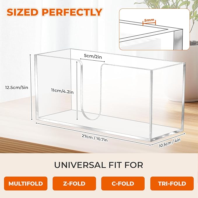 1PACK Paper Towel Holder, Countertop Paper Towel Dispenser Bathroom Paper Hand Towels Dispensers Clear Acrylic Napkin Holder Suitable for Z-fold, C-fold or MultiFold Trifold for Bathroom Kitchen