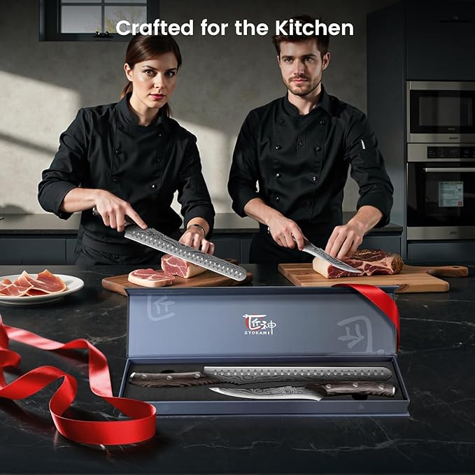 SYOKAMI Brisket Slicing Knife Set, Carving and Boning Knife for Meat & Turkey Cutting, Japanese Style High Carbon Steel Kitchen Knives Set For Home & BBQ, Wood Ergonomic Full Tang Handle, Christmas gift