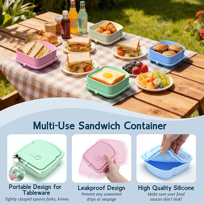 4 Pack Sandwich Containers, Reusable Snack Containers & Sandwich Box for Breakfast, Leak-Proof Lunch Containers Sandwich Bags for Picnic, Office, Travel