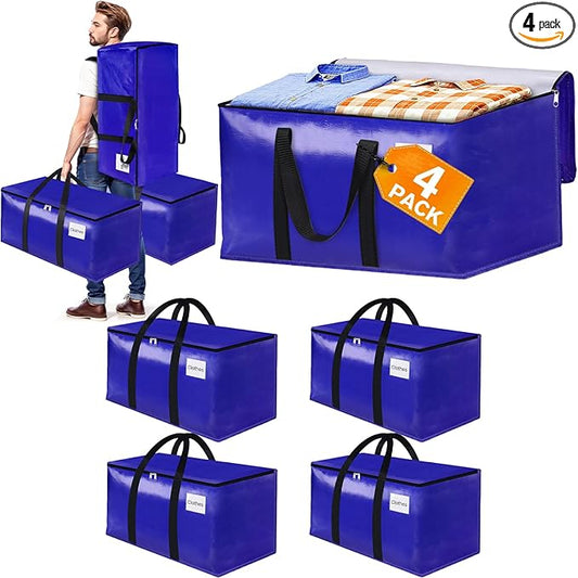 4-Pack Moving Bags with Backpack Straps & Carry Handles, 30 Gallons-125 L Heavy Duty Storage Totes for Space Saving, Foldable Storage Bags for College Dorm, Travel, Camping (Blue)