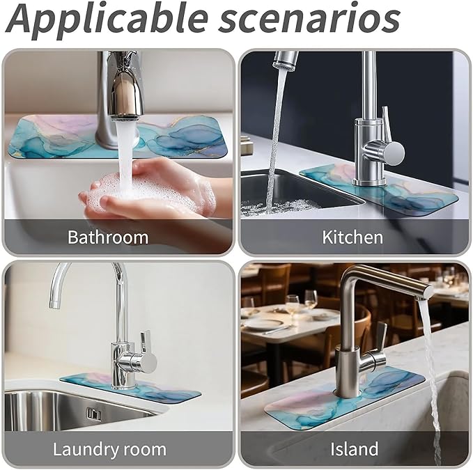 Kitchen Sink Splash Guard，Elegant blue purple alcohol ink Faucet Mat Sink Gadgets-Super Absorbent Fast Drying Mat Drip Catcher for Kitchen, Bathroom,Sink Mat, Dish Drying Mat, Bathroom(15" X 5.5" )
