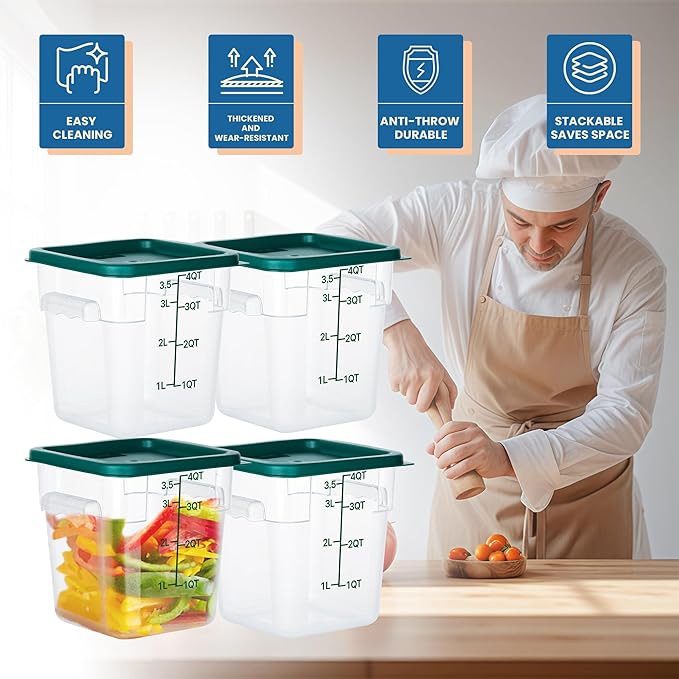 BIEAMA 4 Pack Food Storage Containers with Lids, 4 Quart Square Commercial Food Containers, NSF, Polycarbonate, Clear