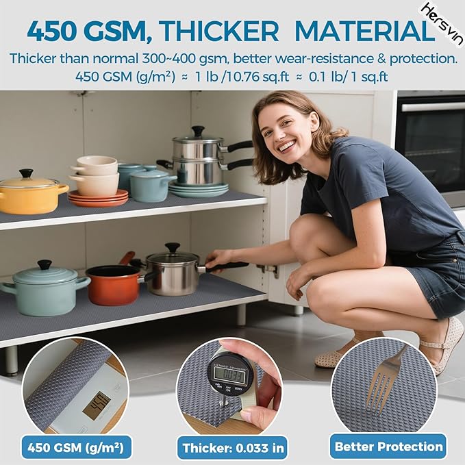 Hersvin Shelf Liners, 24in x 20ft Kitchen Drawer Mats, Non-Adhesive EVA Cupboard Protector, Cabinet Lining (Dark Gray/Dot)