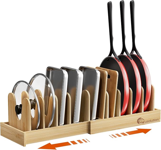 Housolution Bamboo Pot and Pan Organizer for Cabinet, 15"-29" Expandable Pot Lid Organizer with 10 Adjustable Dividers, Pan Holder Storage Rack with Solid Bamboo Wooden Base