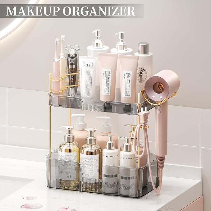 Akinbas 2 Tier Bathroom Organizer Countertop Makeup Perfume Tray Skincare Organizer Comes with Hair Dryer Rack and Toothbrush Holder for Bathroom Dresser Vanity (Grey)