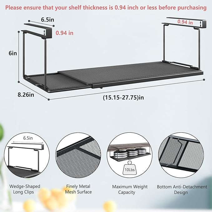 SHINEWON Expandable Under Cabinet Shelf, Extendable Under Shelf Storage with 0.94 Inches Thick Clips for Shoe Rack, Pantry Cabinet, Laundry Room. (Black, 1 Pack, Interior: 6" H x 8.26" D)