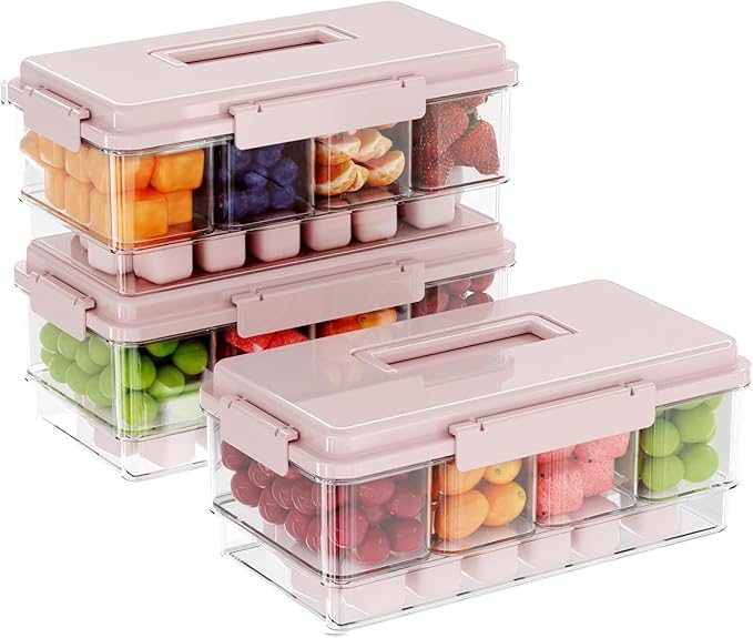 MineSign 3Pack Ice Chilled Condiment Caddy with 4 Removable Containers Taco Ingredient Server with Lid Cooled Garnish Caddy Tray for Taco Mimosa Bar Sauce Fruits&Veggies Pink