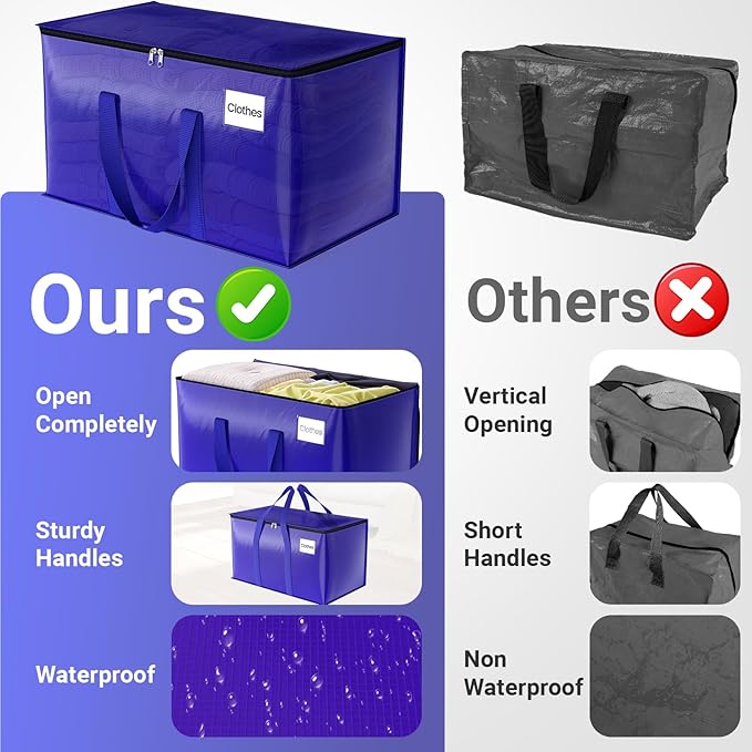 Moving Storage Bags, Moving Supplies Packing Boxes for Moving, Camping, College Dorm Room Essentials for Girls, Blue Tote Bags, Heavy-Duty Storage Bins With Lids And Zippers, 125L 2 Pack