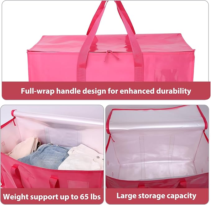 6 Pack Moving Bags Heavy Duty, Extra Large Moving Bags, Moving Supplies, Storage Bags with Handles and Zippers, Waterproof Totes for Storage Space Saving Packaging Shipping and Travel(Pink)