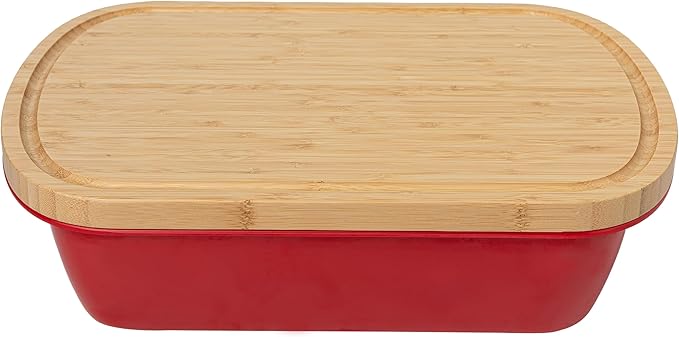 Marinade Container with Wood Lid Cutting Board, Grill Prep and Serve Tray, 2 Pcs Set, Stackable Melamine Serving Tray & Wood Platter, BBQ Prep Tub & Marinating Serving platters, Red