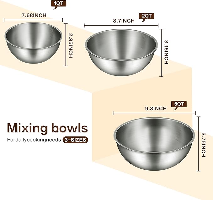 Gronivex 3-Piece Stainless Steel Mixing Bowls Set, 2.4, 3.2 & 4.9 Qt with Measurement Marks, Food Grade 304, Dishwasher Safe & Stackable for Baking, Tossing Salads, and Meal Prep for Your Kitchen
