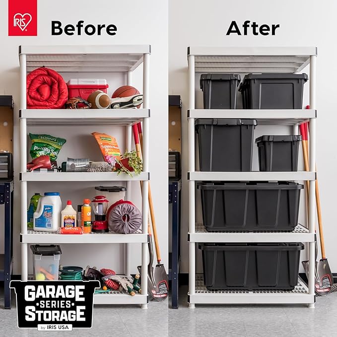 IRIS USA 20 Gallon Lockable Storage Bins with Lids, 6 Pack - Made in USA, Heavy Duty, Stackable Containers, Garage Organizing Bins Moving Tubs, Rugged Sturdy Equipment Utility Box - Black