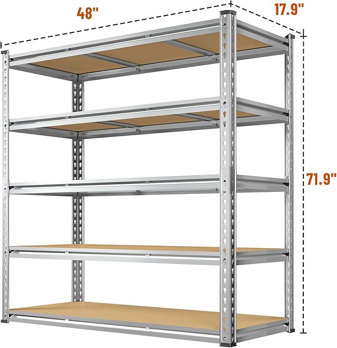 Galvanized Garage Shelving Load 3050LBS, 5-Tier Storage Shelves, Adjustable Garage Storage Shelves, Industrial Shelving, Metal Shelf for Basement, Warehouse, Kitchen, 48" W x 71.9" H x 17.9" D