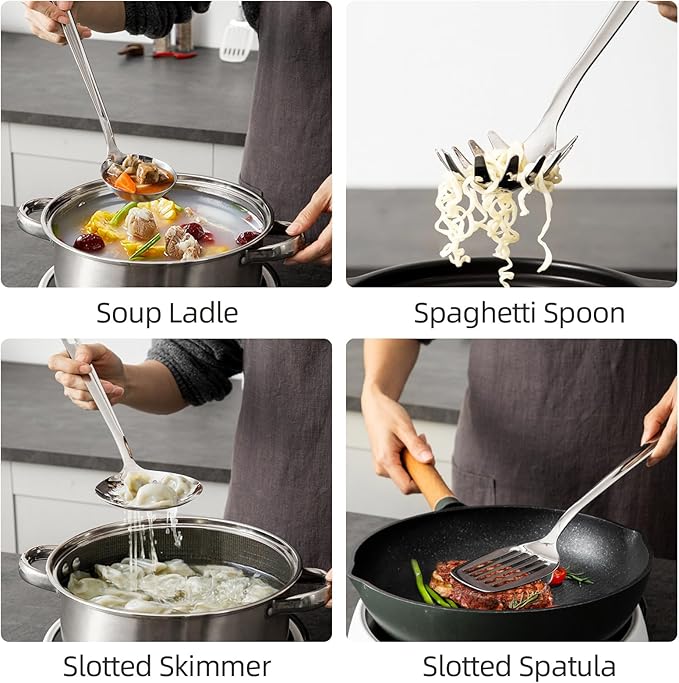 MAXCOOK 18/8 Stainless Steel Cooking Utensil set, 8 Pieces Metal Kitchen Utensils set, Slotted Spoon,Meat Fork,Ladle,Skimmer,Spatula,Spaghetti Server,Large Spoon,Masher (Dishwasher Safe, Silver)