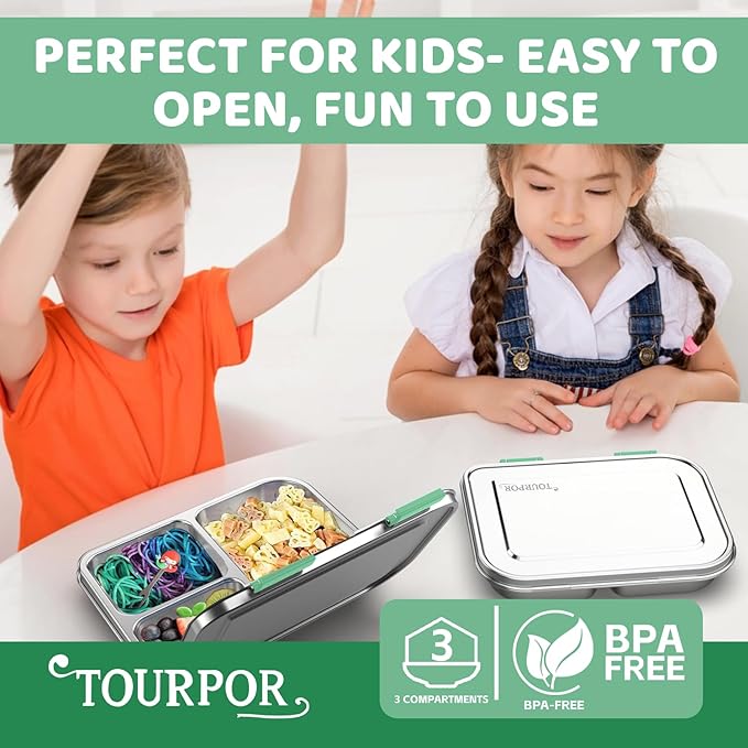 Stainless Steel Bento Box for Kids 1000ml - 3 Compartment Lunch Box for Adults, Leakproof Food Container, BPA-Free Metal Lunch Box with Silicone Seal, Eco-Friendly/Dishwasher Safe (Green)