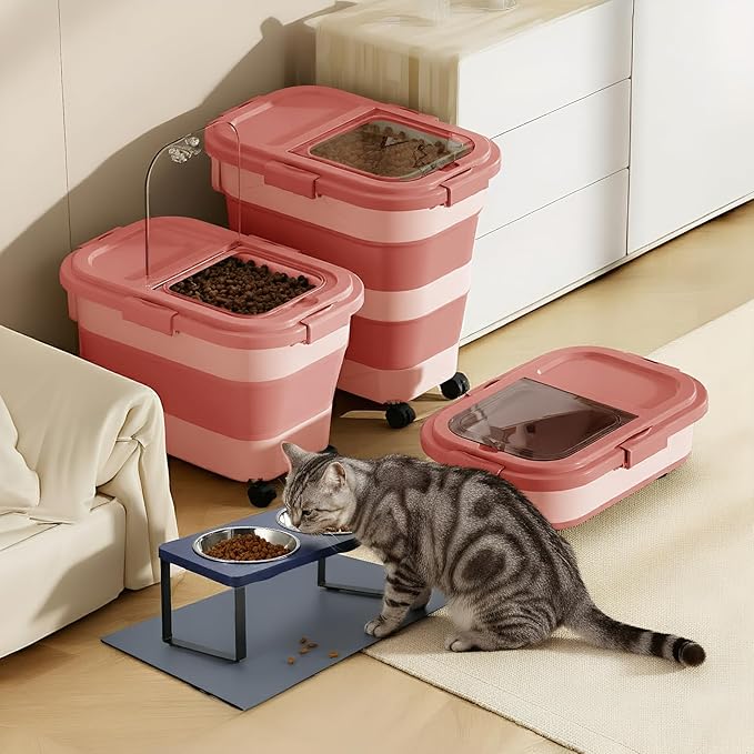 15 Lbs Dog/Cat Food Storage Container,Collapsible Food Storage Containers with Rolling Wheel Airtight Locking Lid,Pet Food Storage Container with Cup and Scoop,Pink