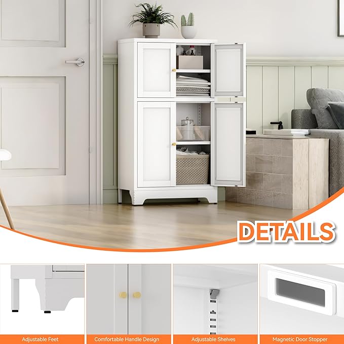 YAUWOH White Bathroom Floor Cabinet, Metal Storage Cabinet with 2 Adjustable Shelves & 4 Doors,Freestanding Sideboard for Dining Room,Living Room, Home Office