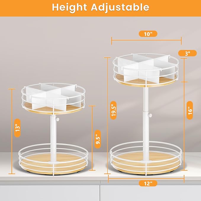 HISKIWUU Snack Organizer with Adjustable Height and 360°Rotation, 2 Tier Lazy Susan Snack Storage Holder for Countertop Office Home Breakroom, White