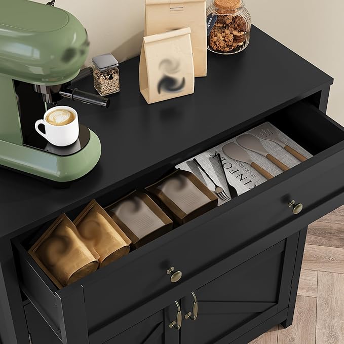 Mino Kesper Buffet Sideboard with 2 Barn Doors,Black Kitchen Cabinet with Adjustable Shelf, Freestanding Floor Storage Cabinet