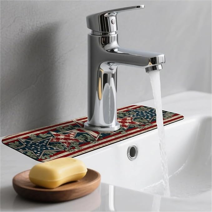 Kitchen Sink Splash Guard，Vintage American star Faucet Mat Sink Gadgets-Super Absorbent Fast Drying Mat Drip Catcher for Kitchen, Bathroom,Sink Mat, Dish Drying Mat, Bathroom(15" X 5.5" )