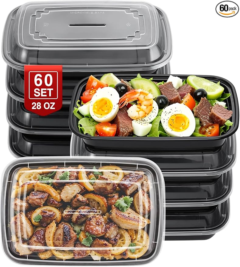 NEEBAKE 60 Sets 28oz Meal Prep Container - Reusable Plastic Food Storage Containers with Lids, Fits Microwave, Freezer and Dishwasher Safe