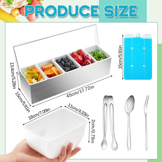 Mifoci 1 Pack Stainless Steel Chilled Condiment Server 5 Removable Slot Toppings Containers with Lid and Bottom Ice Bar Garnish Tray with 9 Silverwares 4 Ice Boxes for Christmas Party, Events and Bar