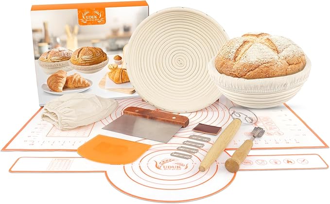 UDUK Bread Proofing Basket Set with 10" Round and 9.6" Round Banneton Baskets, Silicone Bread Sling Baking Mat, Whisk Cutter Scraper Lame - Sourdough Bread Baking Supplies Ideal Sourdough Starter Kit