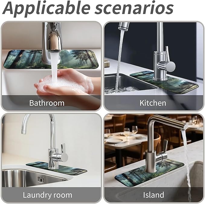 Kitchen Sink Splash Guard，sunlight through the forest Faucet Mat Sink Gadgets-Super Absorbent Fast Drying Mat Drip Catcher for Kitchen, Bathroom,Sink Mat, Dish Drying Mat, Bathroom(15" X 5.5" )
