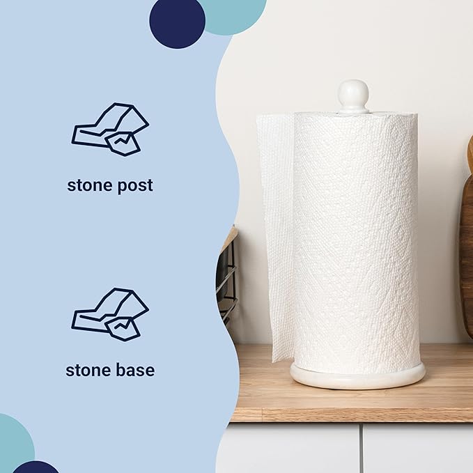 happimess PRH2001A Margot Vintage Classic Marble with Non Slip Weighted Base Paper Towel Holder, for Bathroom Kitchen Countertop, Standard or Jumbo-Sized Roll Paper, White