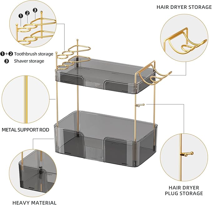 Akinbas 2 Tier Bathroom Organizer Countertop Makeup Perfume Tray Skincare Organizer Comes with Hair Dryer Rack and Toothbrush Holder for Bathroom Dresser Vanity (Grey)