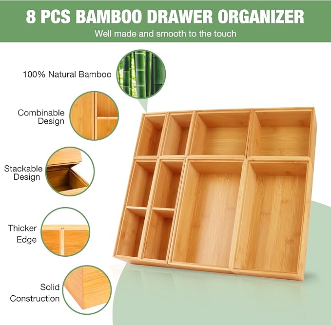 Bxngjuj Bamboo Drawer Organizer Set, 8 PCS Multi-Use Wood Drawer Storage Boxes, Junk Drawer Organizer Divider Bins for Kitchen, Bathroom, Office Desk, Makeup, Jewelry, Utensils