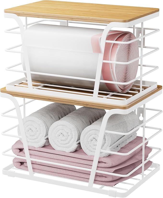 Extra Large 2 Pack Trash Bag Dispenser, Trash Bag Holder with Bamboo Top, Garbage Bag Dispenser, Storage Stackable for Kitchen Laundry Organizers Countertop Organization, White