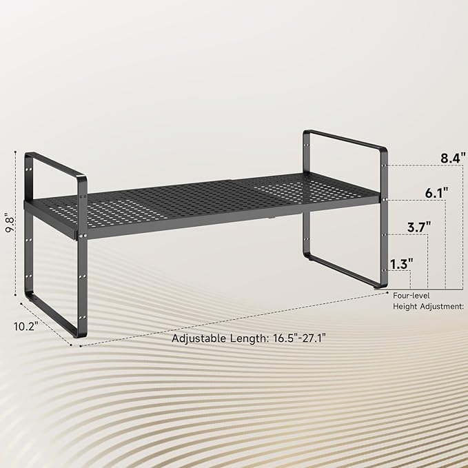 taiheis Hole Pattern Expandable Shelf Organizer,1Pack 10.2" Wide Easy to Assemble Cabinet Organizer Shelf, 16.5~27.1" Adjustable Height&Stackable Spice Organization for Cupboard, Black