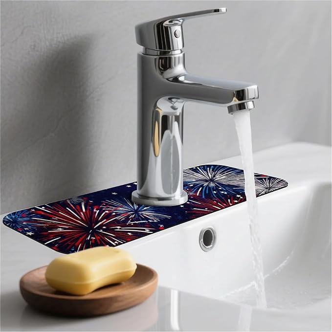 Kitchen Sink Splash Guard，Fireworks Faucet Mat Sink Gadgets-Super Absorbent Fast Drying Mat Drip Catcher for Kitchen, Bathroom,Sink Mat, Dish Drying Mat, Bathroom(15" X 5.5" )