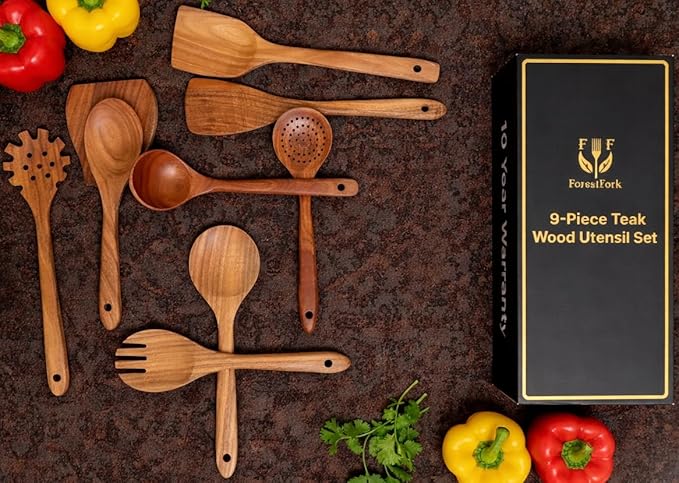 Wooden Kitchen Utensil Set, 9-Piece Teak Wood Kitchen Spoons for Cooking- Durable, Comfortable Grip, Non-Stick, Heat Resistant, Non-Scratch Kitchen Utensils-Perfect Cooking Gift
