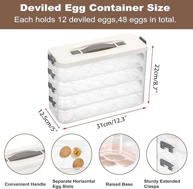 BSTKEY Deviled Egg Containers with Lid, 4 Layer Deviled Egg Platter Carrier Trays for 48 Eggs, Fridge Stackable Portable Egg Holder with Handle for Home Kitchen Party Easter Picnic