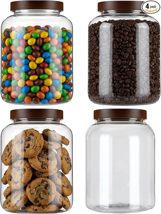 LemonRoad 4 Pcs 40 FL OZ (1200ml) Plastic Storage Jars with Airtight Wooden Lid Large Clear Food Storage Container Canister for Sugar, Tea, Spices, Coffee, Bean, Candy, Cookies, Kitchen