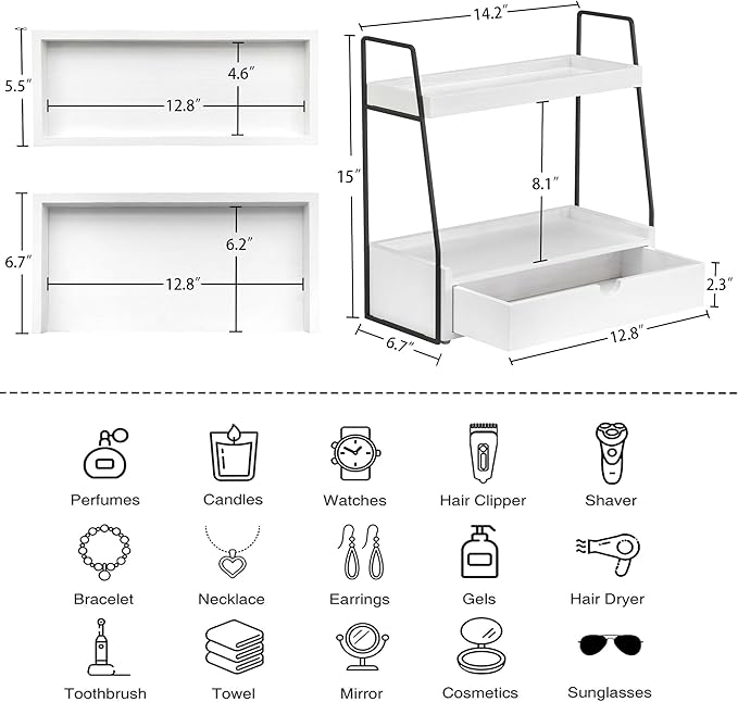 dreampossible 2-Tier Bathroom Organizer Countertop with Drawer, Wood Counter Organizer for Bathroom Decor, Sink Shelf for Vanity Storage, Makeup Tray for Perfume Skincare Bedroom Kitchen Corner