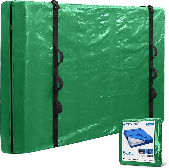 TICONN Mattress Bags for Moving, Heavy Duty Queen Mattress Cover Storage Bag with Full-Around Handle and Adjustable Buckles (Green, Queen)