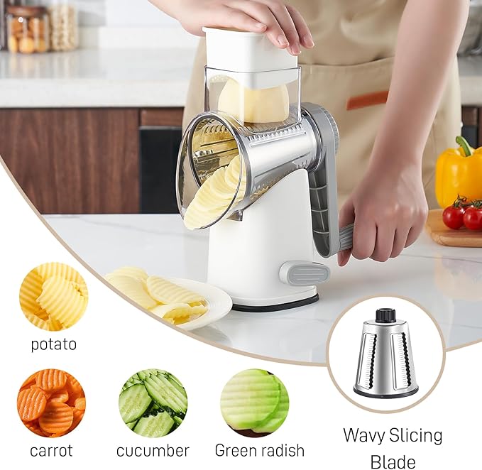 Weltonhm Rotary Cheese Grater with 4 Blades, Hand Crank Cheese Grater with Waffle Slicer, Black and White Cheese Slicer with Suction Base, Easier for Shredding& Grating (White and Grey, 4 Graters)