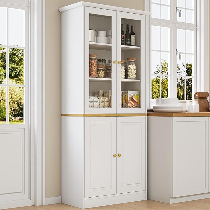 71" Kitchen Pantry Cabinet with Glass Doors, Modern Coffee Bar Storage Cabinet with Adjustable Shelves & Wooden Doors, Freestanding Cupboard for Dining Room or Living Room, White
